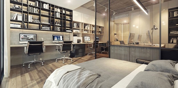 Căn hộ officetel với khu vực phòng ngủ được kết hợp với nơi làm việc