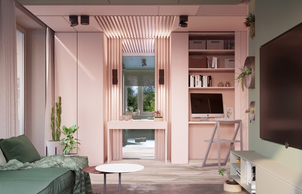 Mẫu căn hộ studio màu hồng nhạt thư thái